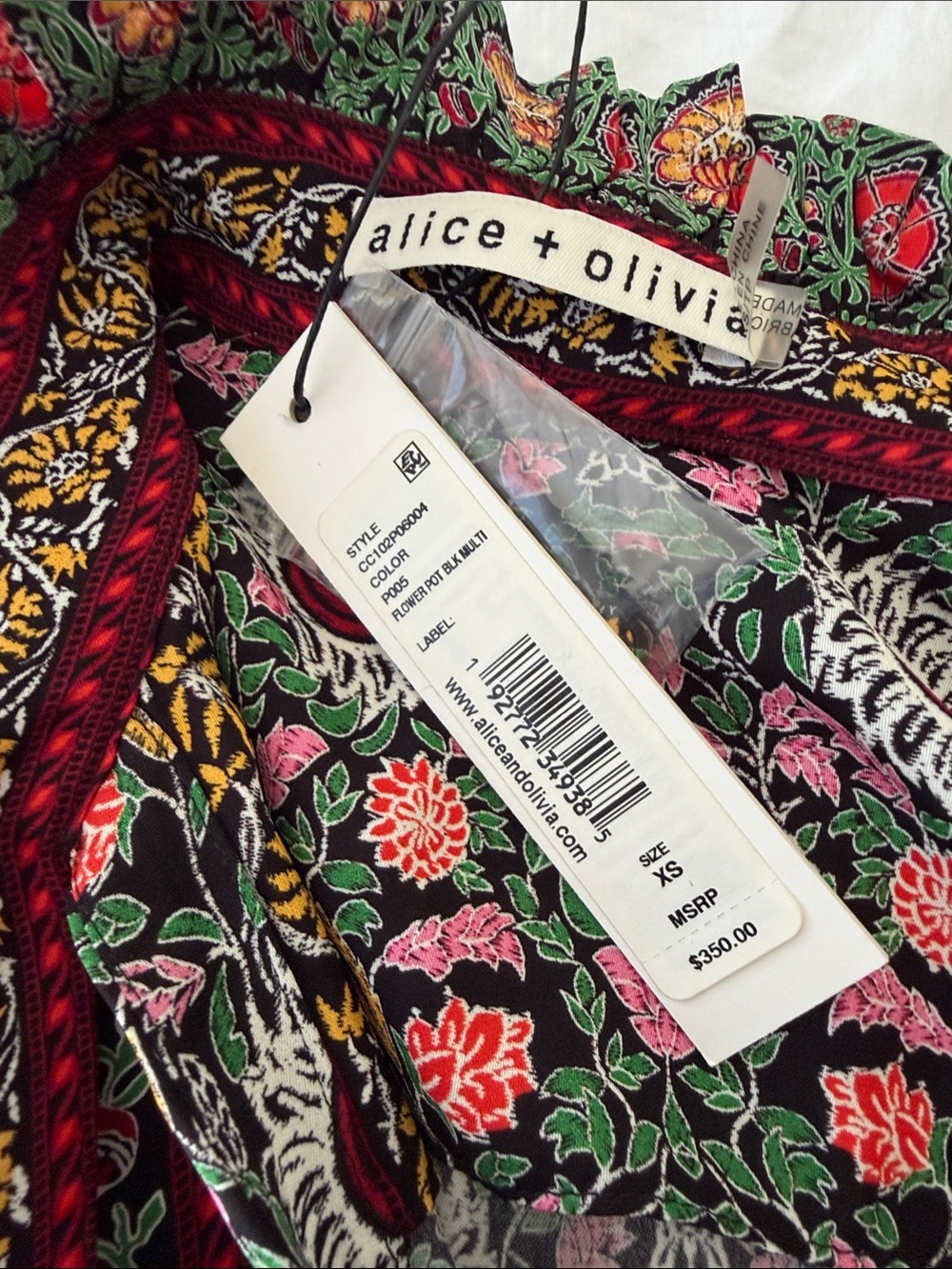 NWT! Alice + Olivia Black Floral Print Top with Green & Red Motif